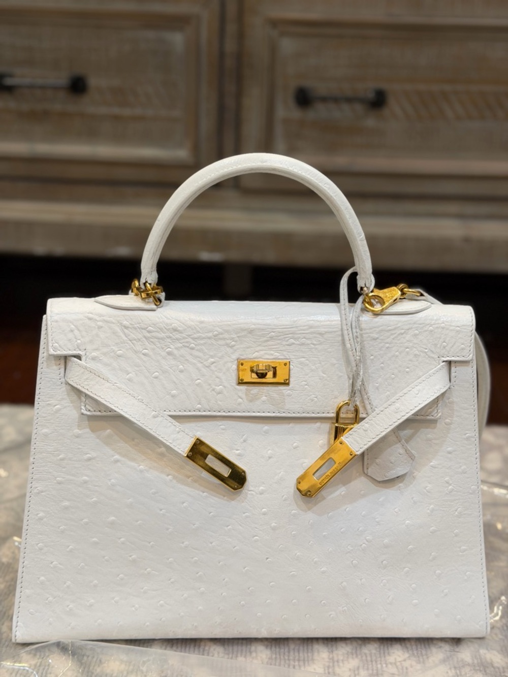 Hermes White Ostrich Kelly 32 with Gold Hardware